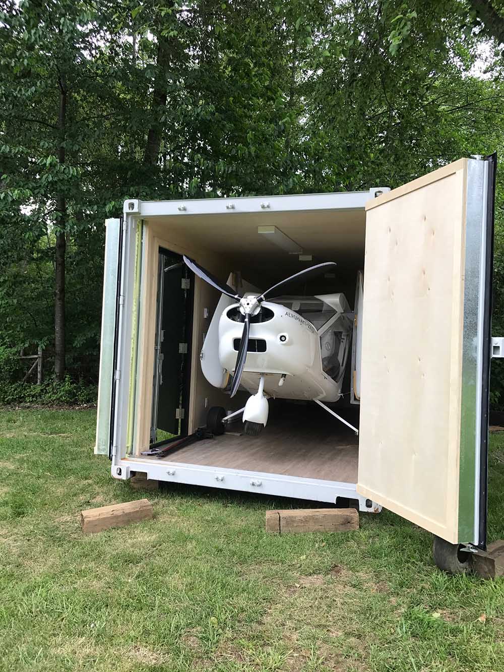 Flight school classroom by summer, airplane storage unit by winter - Backstorage Containers